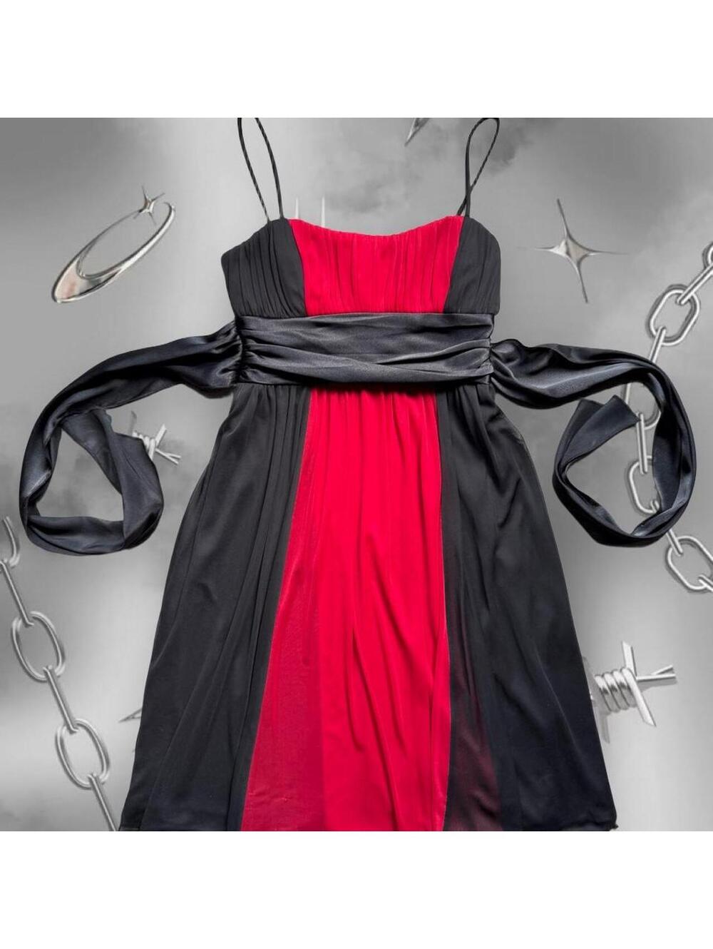 Y2K 90s Vintage Red & Black Babydoll Mini Dress Black Sheer Overlay Satin Wrap